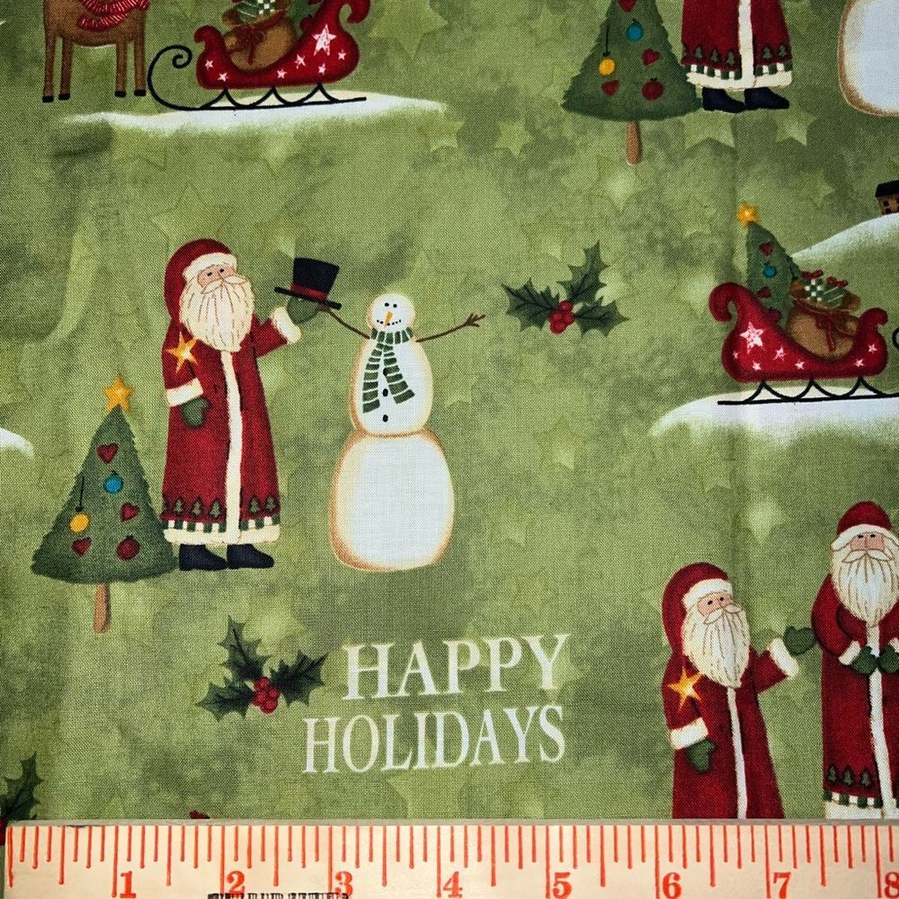 2 pieces Christmas Fabric - Santa w/ Snowman & Deer on Green - 48" & 12" pieces - Picture 3 of 4